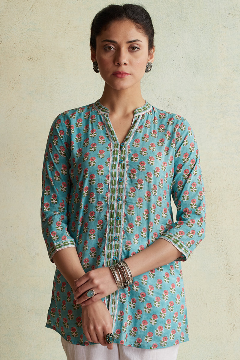 Buy Turquoise Block Printed Cotton Top | Turquoise Top for Women ...