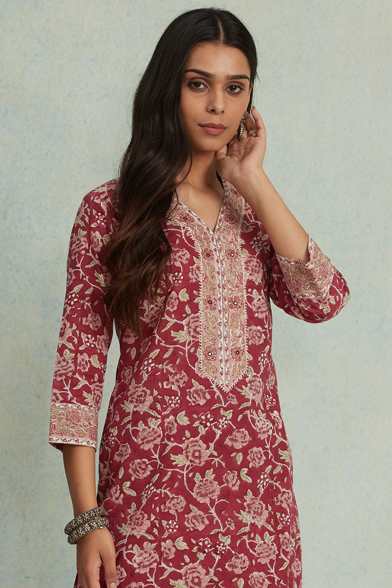 Buy Maroon Block Printed Straight Cotton Kurta for Women | FGMK20-114 ...