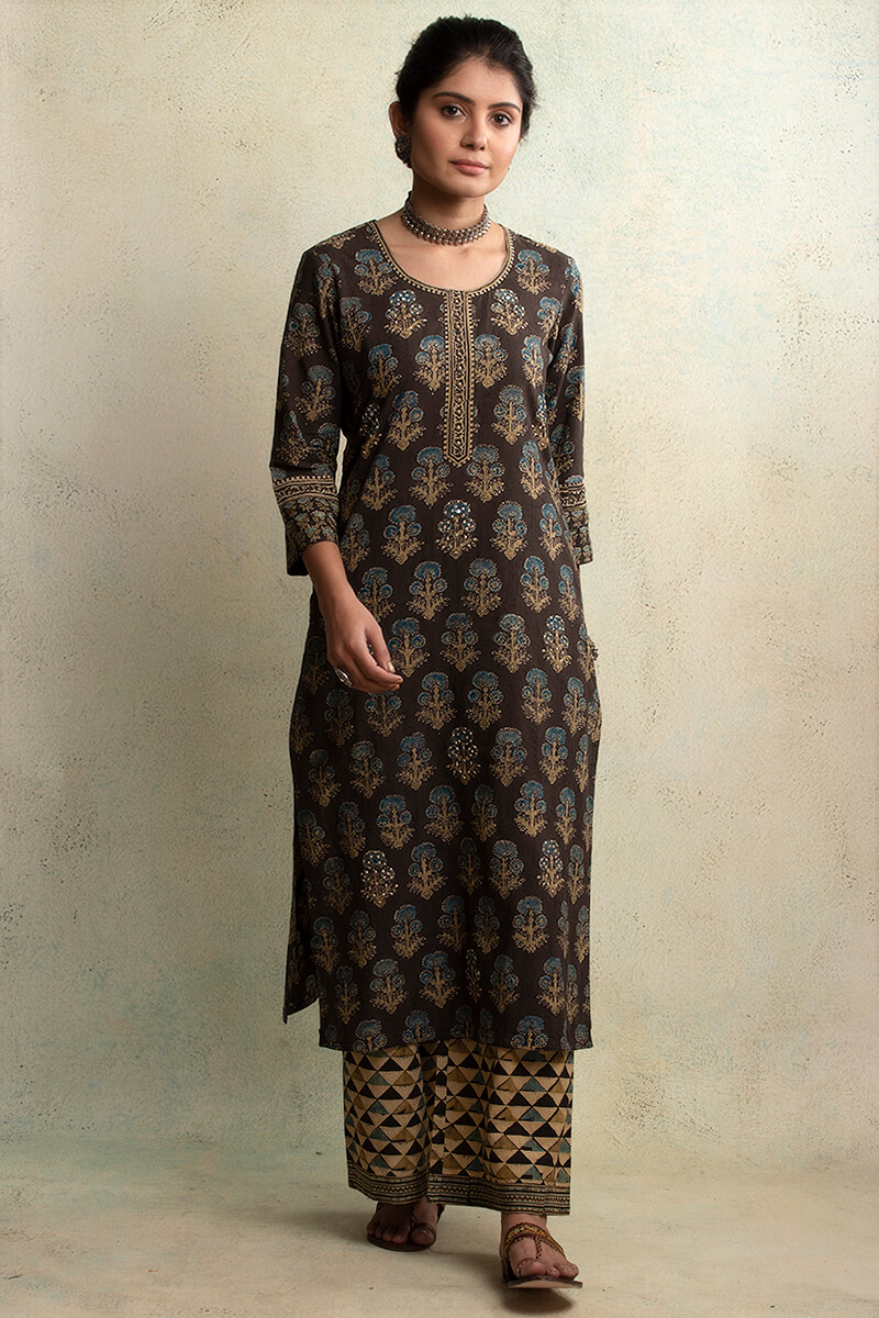 Buy Mahroush Aalia Ajrak Kurta | Brown Kurtas for Women | Farida Gupta