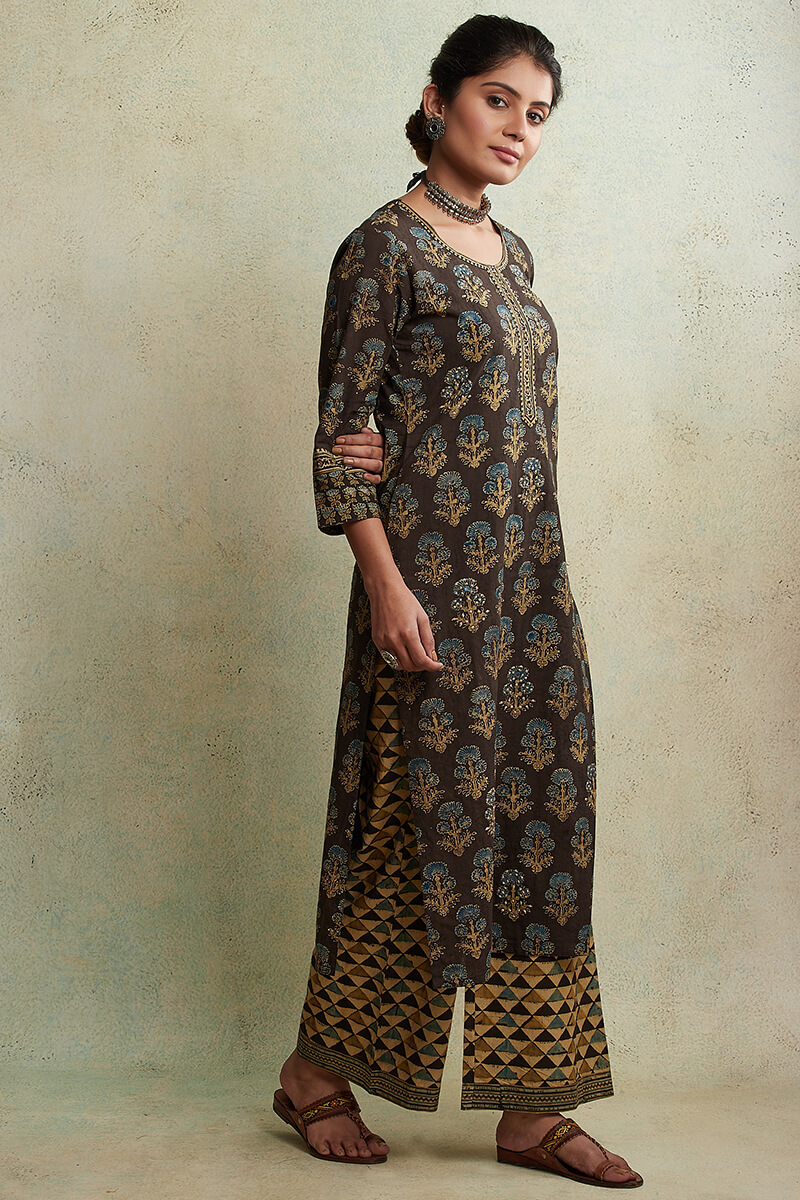 Buy Mahroush Aalia Ajrak Kurta | Brown Kurtas for Women | Farida Gupta