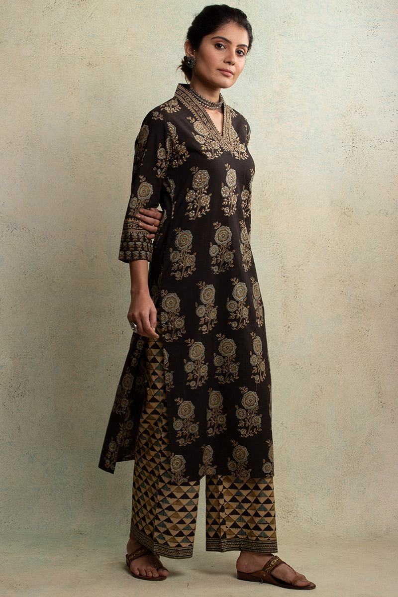 Buy Mahroush Parisa Ajrak Kurta | Brown Kurtas for Women | Farida Gupta