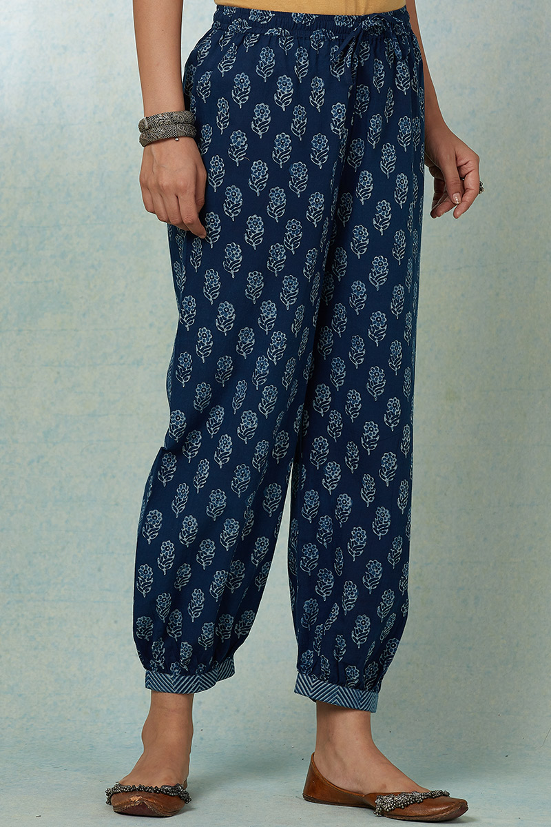 Buy Indigo Block Printed Cotton Izhaar Pants | FGIPT20-02 | Farida Gupta