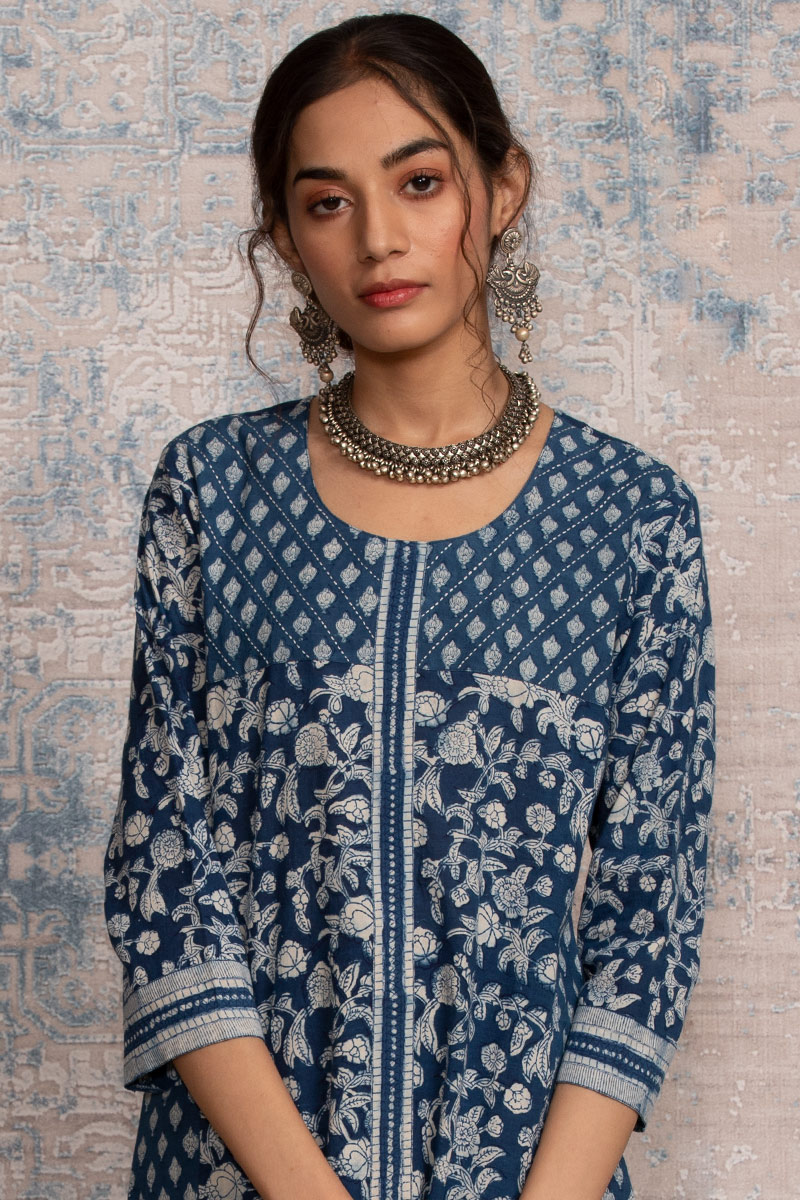 Buy Indigo Block Printed A-Line Cotton Kurta for Women | FGMK20-109 ...