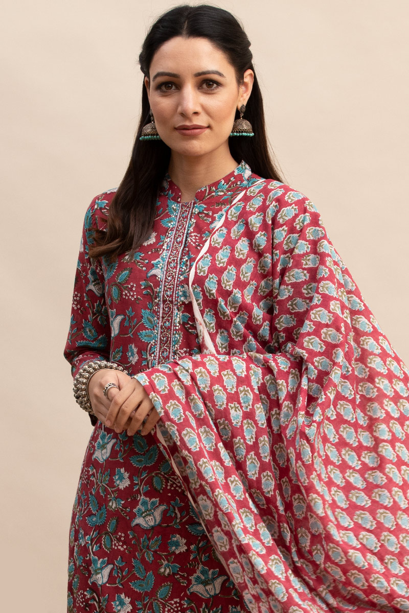 Buy Maroon Block Printed Straight Cotton Kurta | Maroon Kurta for Women ...