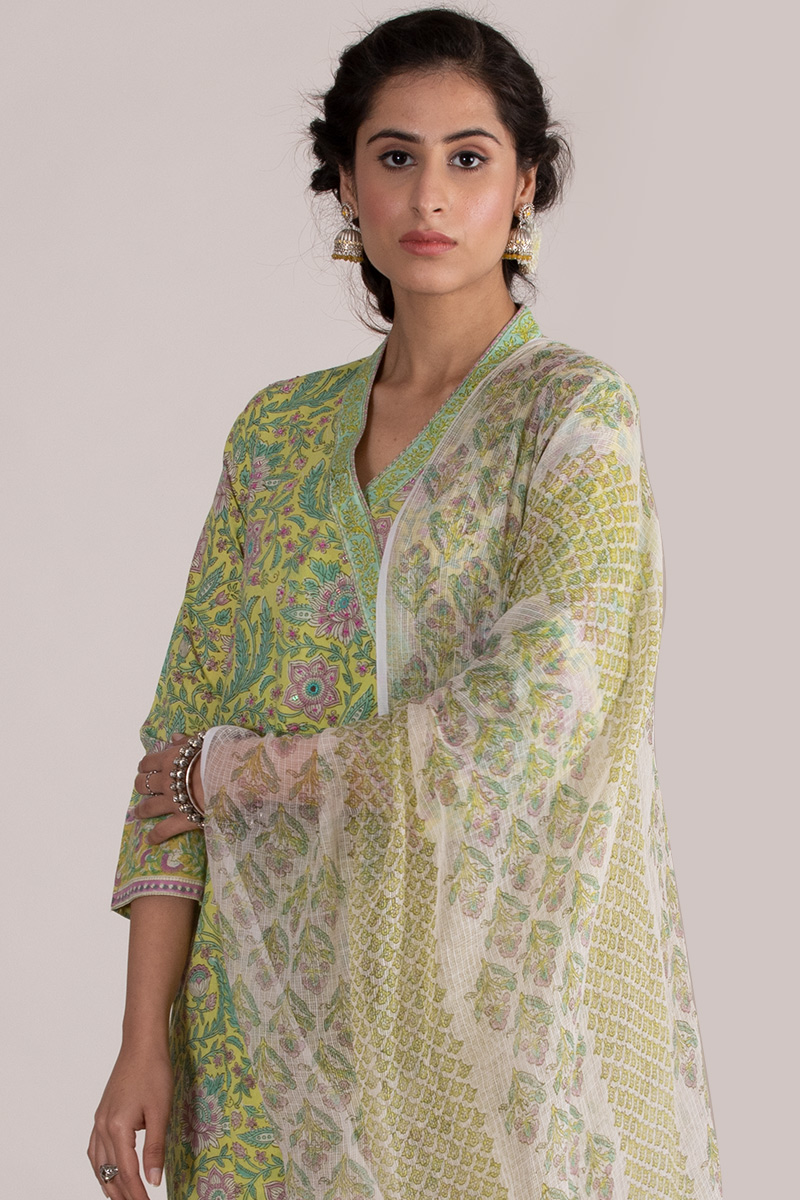 Buy Green Block Printed A-line Cotton Kurta | Green Kurta for Women ...