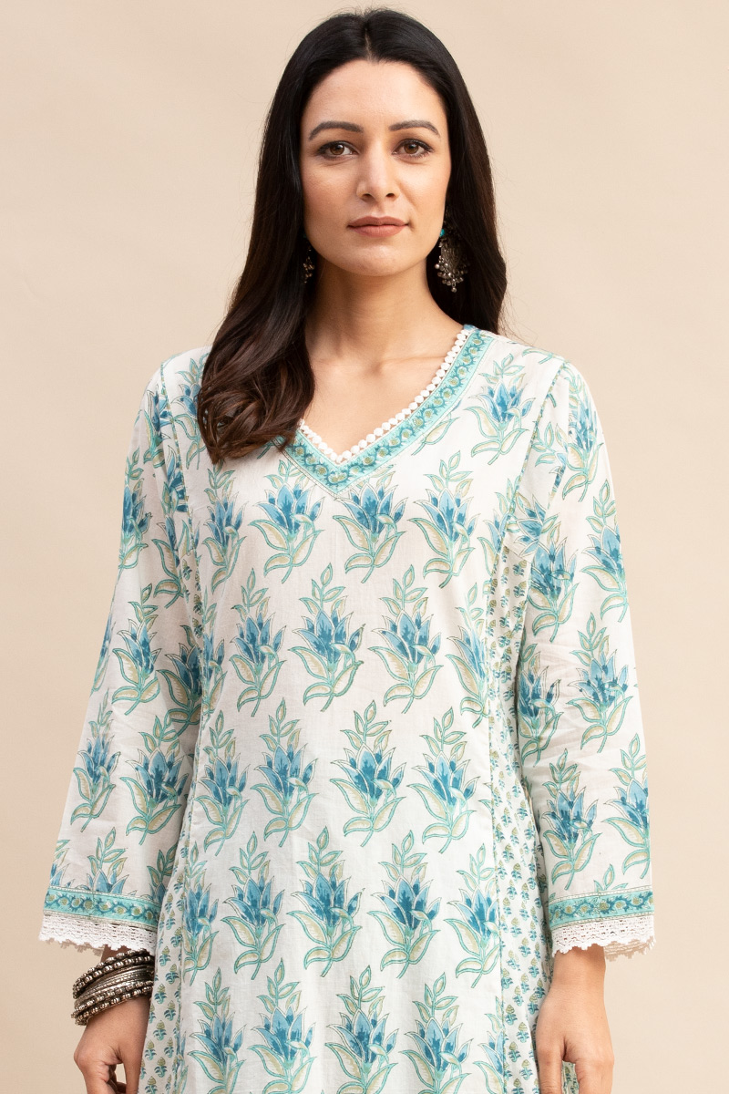 Buy White Block Printed A-line Cotton Kurta | White Kurta for Women ...