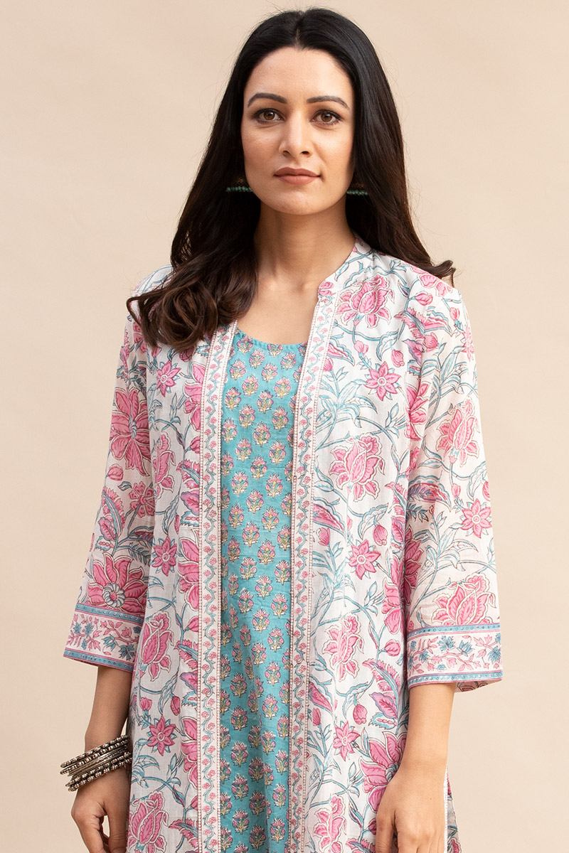 Buy Pink Block Printed Straight Cotton Kurta | Pink Kurta for Women ...