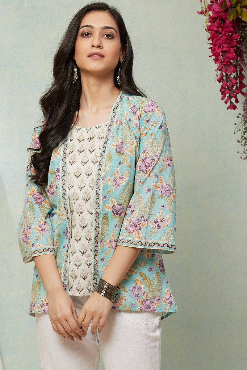 Buy Green Block Printed Cotton Kimono for Women | FGKO20-14 | Farida Gupta