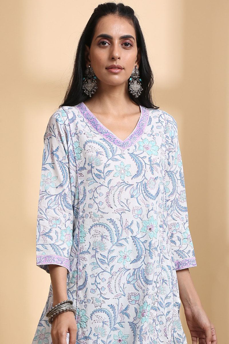 Buy White Block Printed A-line Cotton Kurta | White Kurta for Women ...