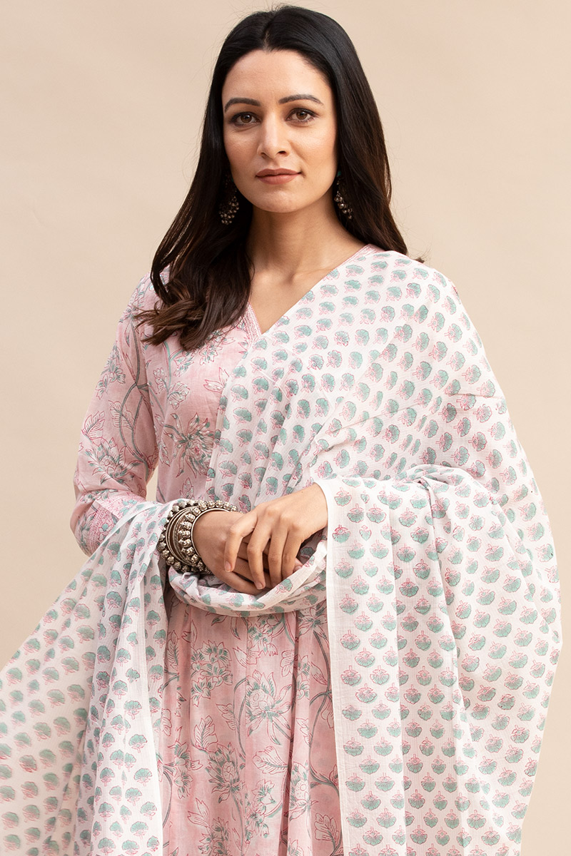 Buy Pink Block Printed Cotton Dupatta | Pink Dupatta for Women | Farida ...