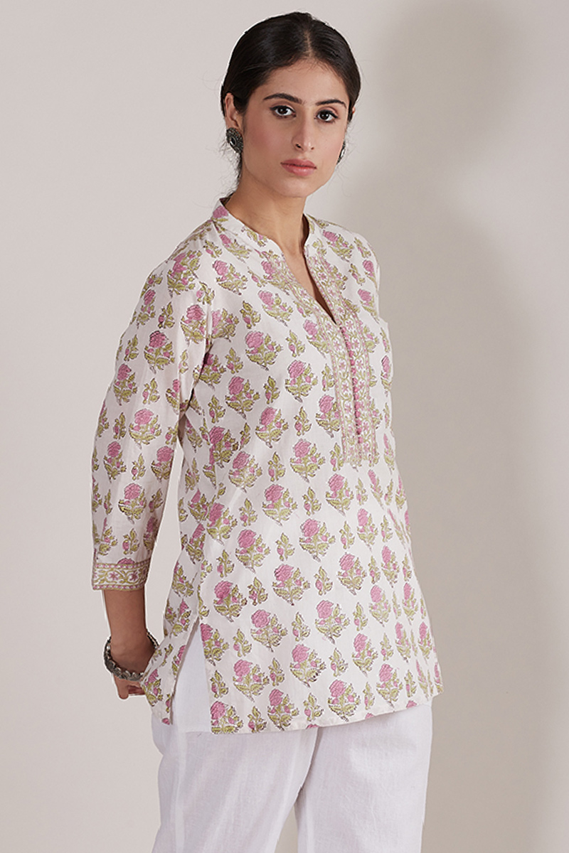 Buy White Block Printed Cotton Top | White Top for Women | Farida Gupta