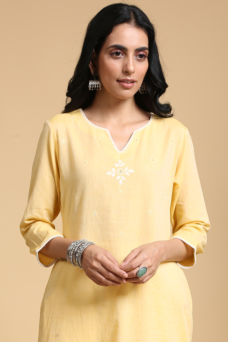 Buy Yellow Handcrafted Straight Cotton Kurta | Yellow Kurta for Women ...