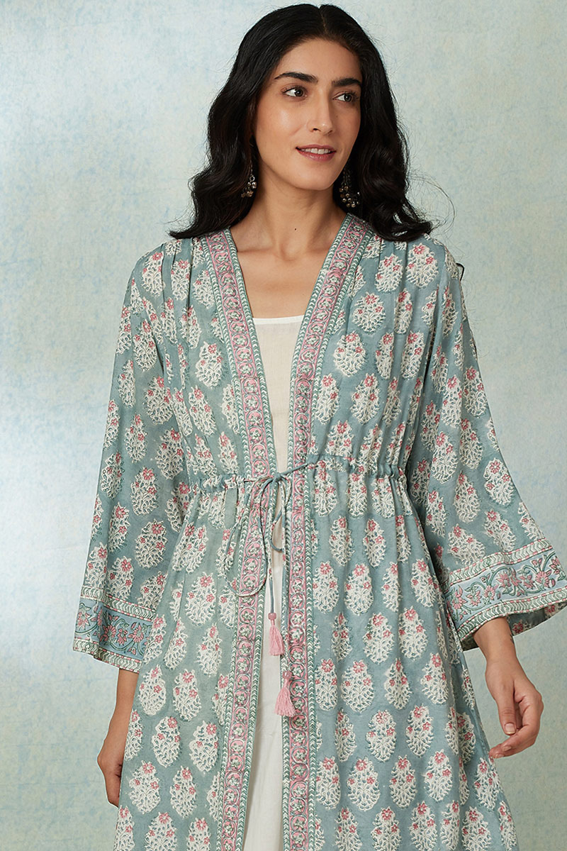 Buy Green Block Printed Modal Long Kimono | FGLKO20-05 | Farida Gupta
