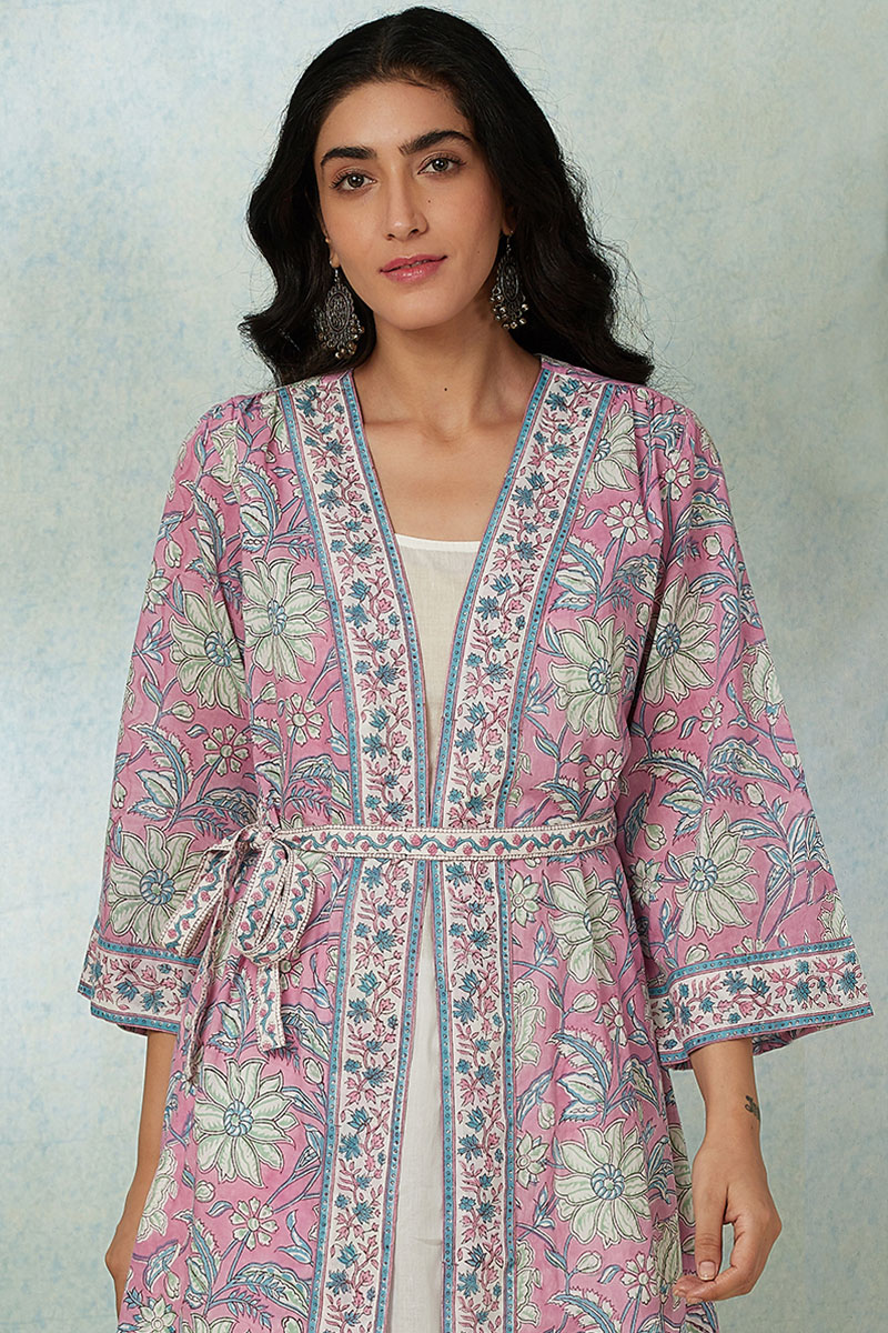 Buy Pink Block Printed Cotton Long Kimono | FGLKO20-09 | Farida Gupta