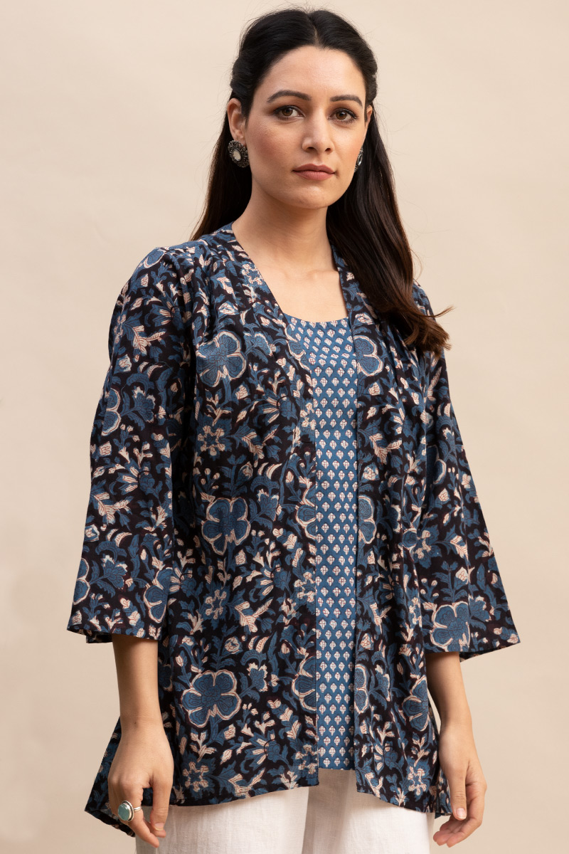 Buy Indigo Block Printed Cotton Kimono | Indigo Kimono for Women ...