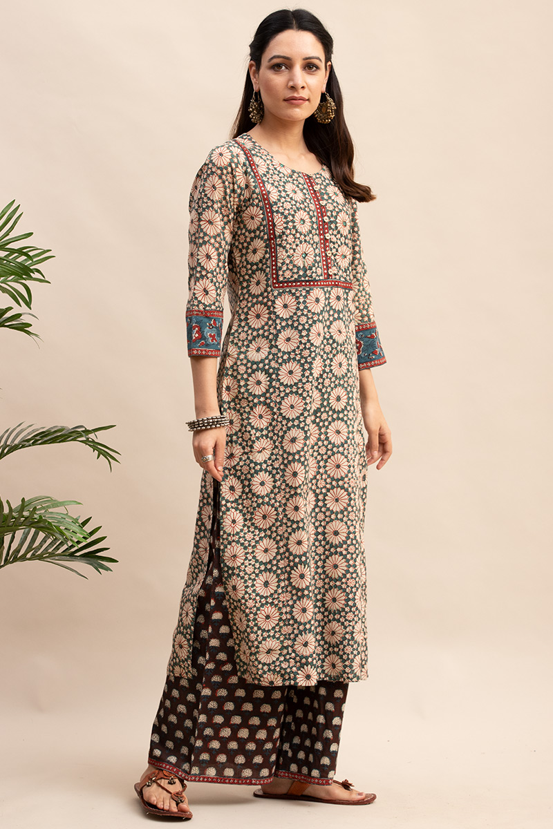 Buy Bagru Block Printed Straight Cotton Kurta | Beige Kurta for Women ...