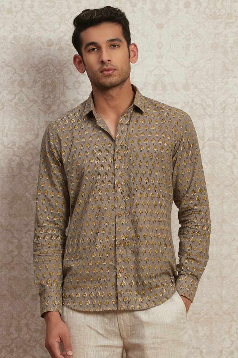 Buy Grey Block Printed Cotton Shirt for Men | FGMNS20-23 | Farida Gupta